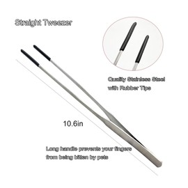 HRASY Stainless Steel Straight and Curved Tweezers Aquarium Tweezers with Rubber Tips Long Handle Reptile Feeding Tongs for Fish Tank Aquatic Plants, 2pcs, 10.6 Inch, Silver