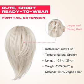 NTYNTY Ponytail Extension, 10" Short Claw Clip in Ponytail Hair Extensions Messy Bun Hair Piece Natural Soft Synthetic Straight Pony Tail Hair Pieces for Women - Platinum Blonde