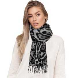 Glamexx24 Women's XXL Scarf Cuddly Warm Leopard Pattern 3 Coloured Fringe Poncho Scarf Oversized Blanket Scarf, Grey, light grey