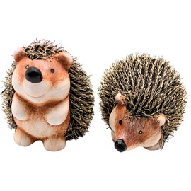 XL Decorative Figurine Hedgehog Ceramic Garden Hedgehog Decorative Hedgehog with Fur Set of 2 in Brown, Size Approx. 17 x 11 x 9 cm