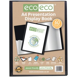 eco-eco A4 Size 50% Recycled 60 Pocket Black Presentation Display Book, Storage Case Portfolio Art Folder with Plastic Sleeves, (Pack of 2), eco020x2