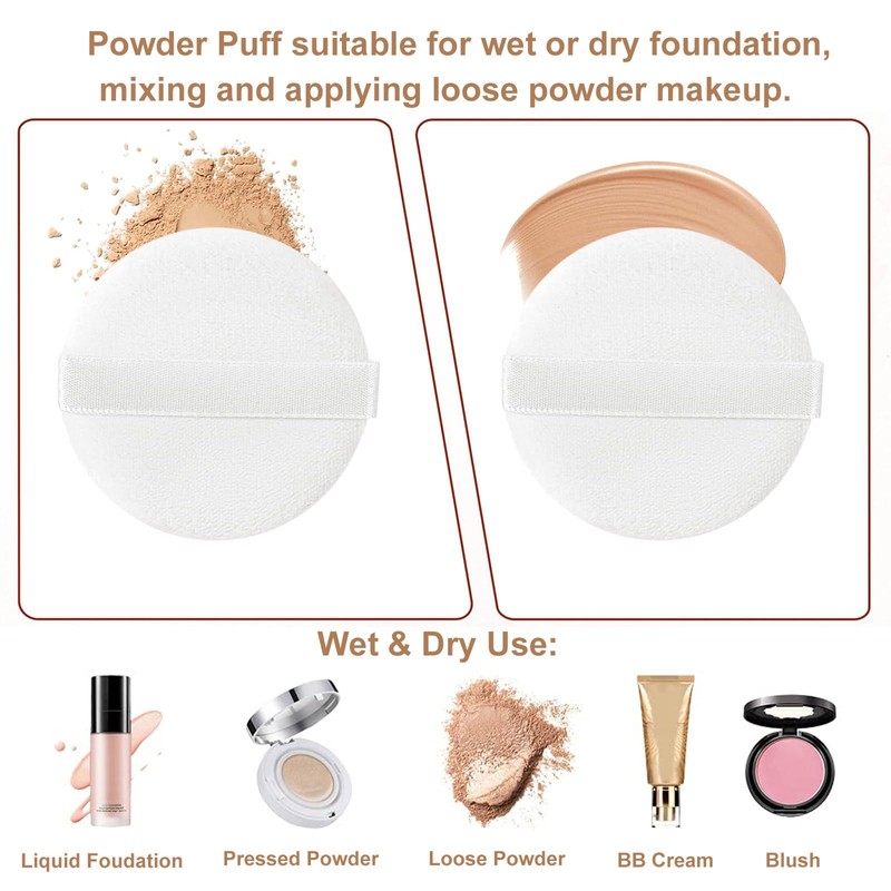 4個のメイクアップパウダーパフ、洗える2.36インチコットンメイクアップパウダーパフパッド、リボン付き、ルースパウダーファンデーションセッティングパウダーパフと液体化粧品用の白いラウンドビューティーメイクアップツール