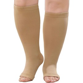 LOFIR Plus Size Compression Socks: Flight Socks for Women Large Calves Wide Calf Graduated Compression Socks for Men Open Toe Stockings for Support Travel Pregnancy Nurses 20-30 mmHg Beige 7XL 1Pair