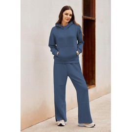 Two Piece Trendy Outfits for Women Fall Lounge Sets Long Sleeve Tracksuit Wide Leg Loungewear Winter Sweatsuit Casual Winter Y2k Blue S