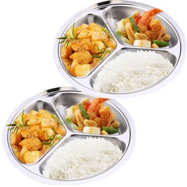TEERFU 304 Stainless Steel Divided Plate: Set of 2 Mess Food Trays 3 Section Dinner Plate,Great for Camping, Adult Lunch and Dinner or Every Day Use