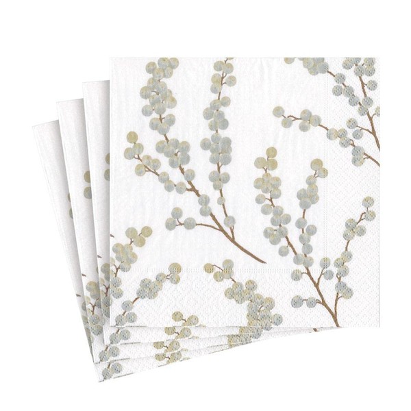 Caspari Berry Branches Paper Luncheon Napkins in White & Silver - Four Packs of 20
