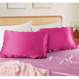 SiinvdaBZX Hot Pink Satin Pillowcase Standard/Queen Size Set of 2, Silky Travel Elastic Band Satin Pillow Case for Hair and Skin, Soft Portable & Fit for Various Pillow