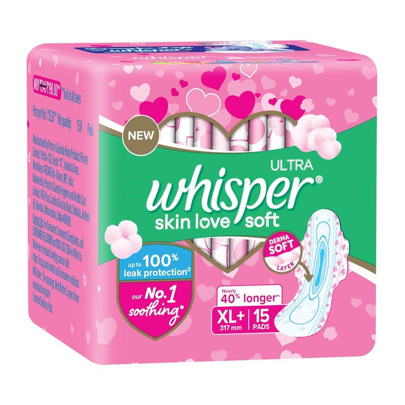 Whisper Ultra Soft Sanitary Pads for Women, XL+ 15 Napkins