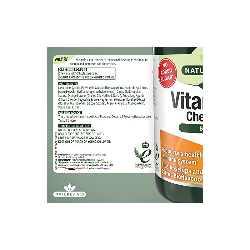 Natures Aid Chewable Vitamin C 500 mg, Sugar Free, Suitable