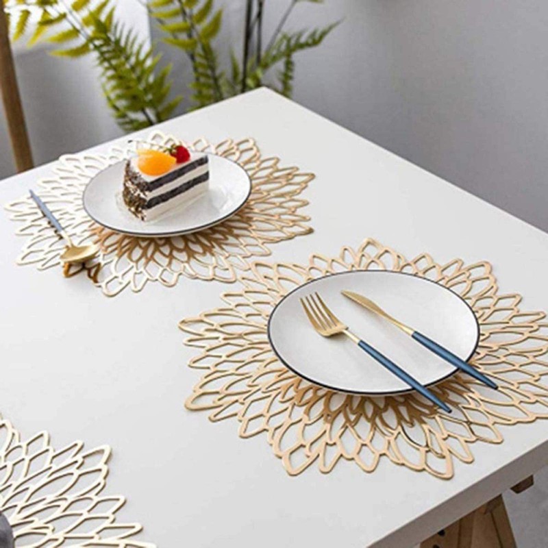4PCS Golden Round Flower Placemat, Pressed Vinyl Placemats, Round Hollow