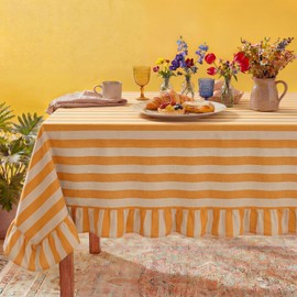 Tudomro 1 Pcs Ruffle Edge Striped Tablecloth, 84'' x 60'' Scalloped Table Cover, Farmhouse Linen Fabric Cloth for Rectangle Table, Dining Room Bridal Shower Wedding Holiday Party(Mustard, Ivory)