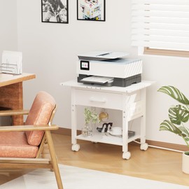 Lerliuo Under Desk Rolling Printer Stand with Charging Station and USB Ports, 2-Tier Printer Table Desk with Fabric Drawer, Printer Cart Holder with Lockable Wheels for Home, Office (White)