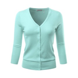EIMIN - Suéter de punto elástico con cuello en V y botones para mujer (S-3X), Esw001_iceblue, Large