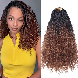 Xtrend 10 Inch 8 Packs Ombre Boho Box Braids Crochet Hair with Curly Ends 14 Strands/Pack Pre Looped Bohemian Messy Goddess Box Braids Hair Extensions Synthetic Bob Goddess Locs Hair T30#