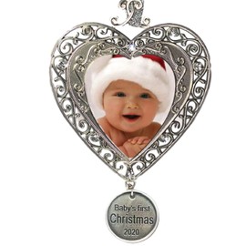 BANBERRY DESIGNS Baby's First Christmas - 2020 1st Picture Ornaments for Newborn Babies - Filigree Heart Shaped Photo Picture Ornament - Baby Xmas Ornaments Keepsakes