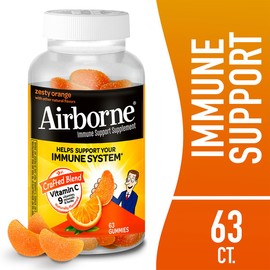 Airborne 750mg Vitamin C Immune Support Supplement Gummies for Adults, Zesty Orange Flavor, Gluten Free Crafted Blend with Powerful Antioxidants Vitamins A C & E, 63 Gummies (3 Pack)