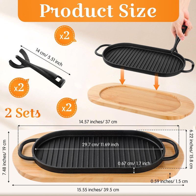 Yiyiring 2 Sets Cast Iron Fajita Skillet Pan Set Sizzling