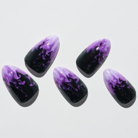 GLAMERMAID Press on Nails Short Almond, Gothic Purple Flame French Tip Glue on Gel Nails, Glossy Short Stiletto Acrylic False Nails Reusable UV Finish Full Cover Stick on Nails for Women Gifts