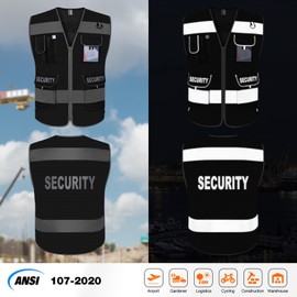 TCCFCCT Mesh Security Vest for Security Guard 9 Pockets High Visibility Reflective Safety Vest for Men Women, Durable Hi Vis Vest with Reinforced Sewing, Meets ANSI/ISEA, (G100S-Black, L)