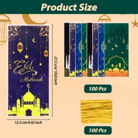 GOMANCHE Eid Mubarak Cellophane Treat Bags, 100Pcs Ramadan Plastic Clear Goodie Bags with 100pcs Twist Ties, Eid Mubarak Goody Gift Bag for Islam Party Decorations