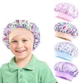 Silk Bonnet for Sleeping, Pack of 4 Silk Bonnet Child, Satin Hair Cap, Children's Sleep Cap Made of Silk, Sleep Cap Children, for Boys Girls and Teenagers (Khaki, Pink, Light Purple, Sky Blue), pink