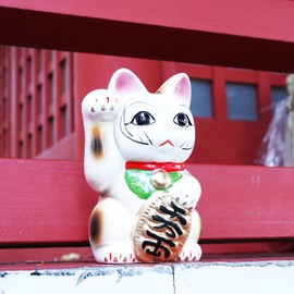 Seto-yaki Maneki Neko Piggy Bank, 6.3 inches, Hand-Painted Japanese Lucky Cat Figurine, Ceramic Money Bank for Home Decor, Fortune and Prosperity Talisman (White/Right Hand Up)