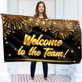 Banner "Welcome To The Team", 1,5 x 0,9 m, mit Bild von "Welcome Home"-Ballon, lebendiger Digitaldruck, 110 den dickes Polyester, doppelte Naht, Schwarz und Gold)