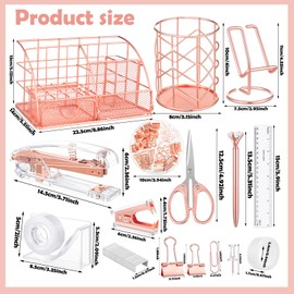Rose Gold Office Supplies and Accessories, Rose Gold Mesh Desk Organizers with Tape Holder, Tape, Stapler, Staple Remover, 1000pcs Staples, Pen, Pen Holder, Ruler, Phone Holder, Clips, Scissor