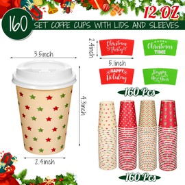 Zhehao 160 Sets/ 480 Pcs Disposable Coffee Cups Christmas Paper Cups with Lids and Sleeves for Cold Drink Tea Hot Cocoa Chocolate Holiday Xmas Party Supplies, 4 Designs(Classic Style, 12 oz)