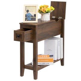 LUSUOWLZ End Table with Movable Top and Charging Station, Narrow Side Table with Storage Cabinet and USB, Sofa Table for Living Room Bedroom