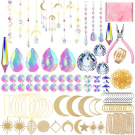 Crystal Suncatcher Kits Hanging Chandelier Crystals Prisms Parts Rainbow Maker Pendants for Stained Glass Window Hanging DIY Sun Catchers Beads Indoor Window Outdoor Garden Decor (with Pliers Ring)