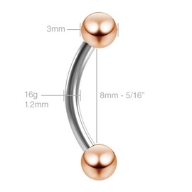 2pc 16g 1.2mm Rose Gold Barbells Curved J-Curve Bar Helix Daith Bridge Balls Lip Rings Tragus Cartilage Bar Eyebrow 8mm