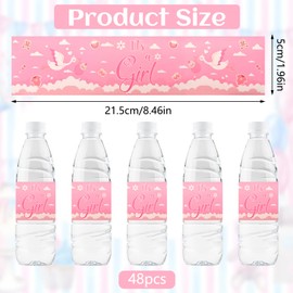 URROMA Baby Shower Water Bottle Labels, 48 Pcs Pink Water Bottle Wrappers Baby Gender Reveal Water Bottle Labels Stickers for Girls