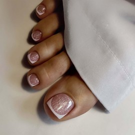 24Pcs French Tip False Toe Nails - Light Pink False Toenails - Glitter French Toenails with Glue - Glossy Full Cover Glue Press on Nails Acrylic Toe Nail Art Easy Apply & Remove