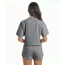 Allmloers Womens Split Short Pajama Set Striped Short Sleeve Crewneck Tee and Side Slit Sleepwear Set 2 Piece Cotton Pjs Set Black