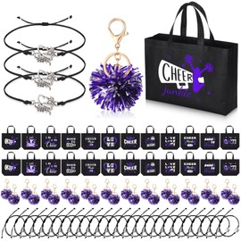 Landical 72 Pcs Cheerleading Gifts 24 Cheer Bags Portable 24 Pom Pom Keychain 24 Cheerleading Bracelet Canvas Makeup Bag Bulk Cheer Gifts Female Teammates Toiletries Accessories(Purple)