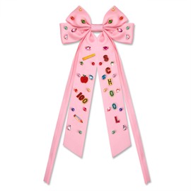 Vokone Back to School Bows for Girls Women 100 Days School Pencil Hair Bow Clips Jeweled Satin Ribbon Bow Barrette Hair Clip Hair Accessories Teacher Appreciation Gifts Pink