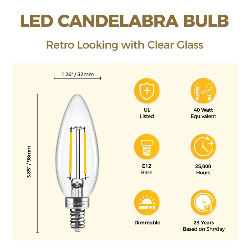 Hizashi E12 Candelabra Light Bulbs 40 Watt Equivalent, E12 LED