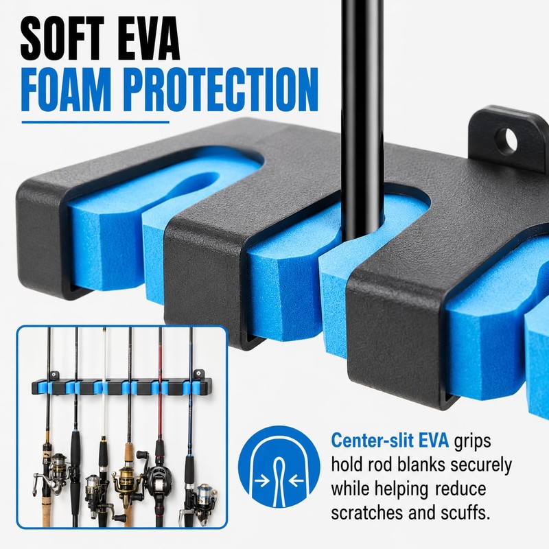 Fishing Rod Holder Wall Mount Rack Organizer, Holds 6 Rods