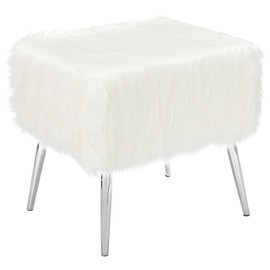 Cortesi Home Olivia Faux Fur Ottoman with Chrome Legs, 20", White