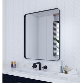 VocalStar Black Bathroom Mirror for Wall, 28 x 36 Inch Rounded Rectangle Metal Framed Bathroom Wall Vanity Mirror Farmhouse, 1/4-inch Shatterproof Glass | Ultra-Flush Hanging