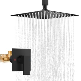 Airuida Shower Faucet Set and Handle Set Single Function Shower Trim Kit Ceiling Mount Rainfall Shower System with Male Threads and Rough-in Valve 10 Inch Square Shower Head Matte Black