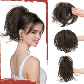 SOFEIYAN Claw Clip Short Ponytail Extension DIY Bendable Wires Hair Bun Fluffy Fake Hair Piece Straight Synthetic Hair Ponytail Extensions for Wonen - Darkest Brown/Dark Auburn Mix