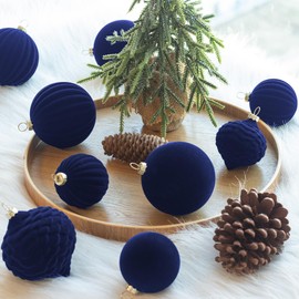 KI Store Blue Velvet Christmas Baubles 25pcs Shatterproof Flocked Christmas Tree Ornaments 80mm 60mm Assorted for Xmas Tree Decorations