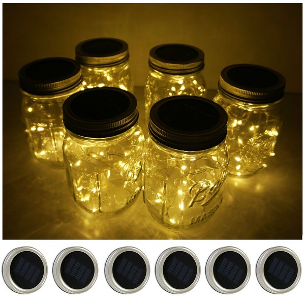 6 Pack Mason Jar Lights 20 LED Solar Warm White Fairy String Lights Lids Insert for Patio Yard Garden Party Wedding Christmas Decorative Lighting Fit for Regular Mouth Jars(Jars Not Included)