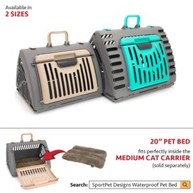 SportPet Designs Foldable Travel Cat Carrier - Front Door Plastic Collapsible Carrier, Gray and Tan, Medium (Pack of 1)
