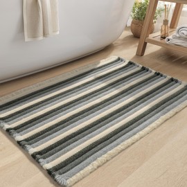 tchdio Striped Bath Mat Rug, Super Absorbent Non Slip Bath Mats for Bathroom Floor 3D Woven Gradient Bathroom Mat with Tassels Machine Washable Bathroom Rugs Beside Tub, 24" x 36", Green