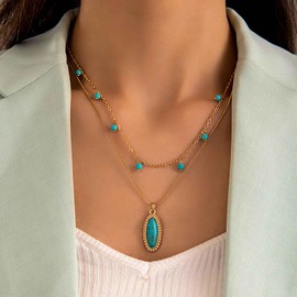 Iaceble Boho Layered Turquoise Pendent Necklace Gold Turquoise Choker Necklace Oval Turquoise Necklace Chain Turquoise Bead Necklace Jewelry for Women