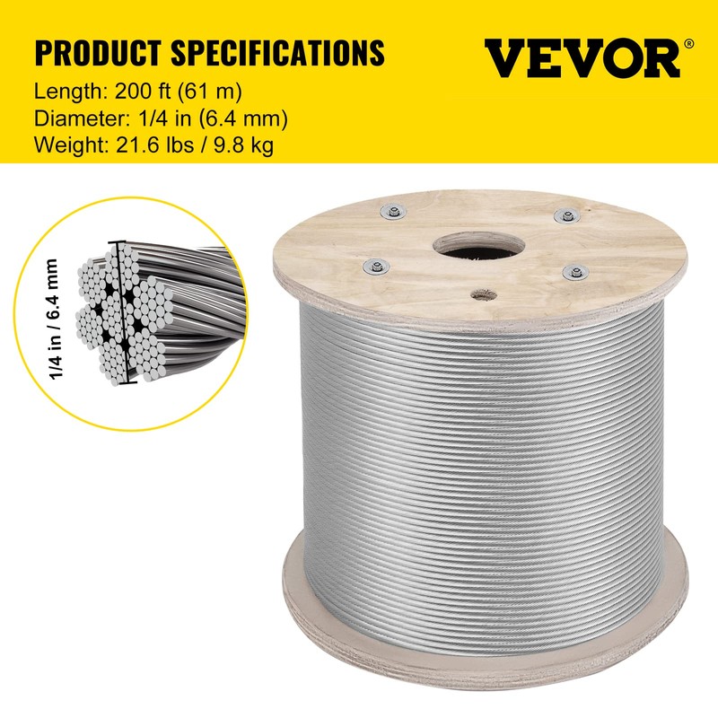 VEVOR 1/4" Stainless Steel Cable 200FT, T304 7x19 Tighter Core