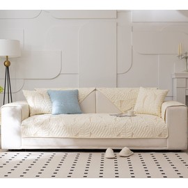 XSlive Farmhouse Couch Cover Solid Color Neutral Sofa Cover Soft Cotton Quilted Sectional Couch Covers Non Slip Washable Sofa Slipcover Furniture Protector for Living Room (Ivory A,36"x70")